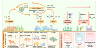 Fig.1 An integrated modeling framework evaluates how ambitious nitrogen interventions can reduce ammonia and nitrogen emissions, consequently improve air quality by lowering fine particulate matter and ozone levels, and decrease nitrogen deposition, ultimately benefiting the environment and public health.
